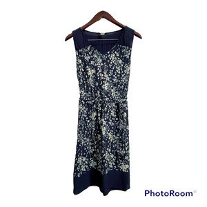 ANN TAYLOR Loft Navy Blue Floral Sleeveless V-Neck Dress With Tie Waist Size MP